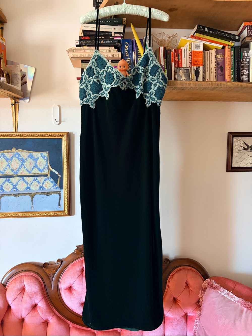 Zara Dark Green Maxi Slip Dress with Teal Lace Bodice